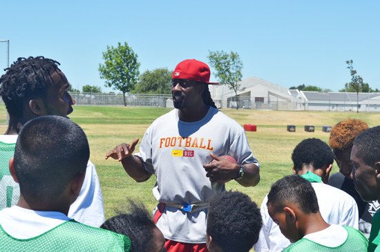 Lemoore football standout David Ausberry, an NFL veteran, returned to Lemoore on Saturday, June 17 to coach kids in the city's annual Summer Football Camp.
